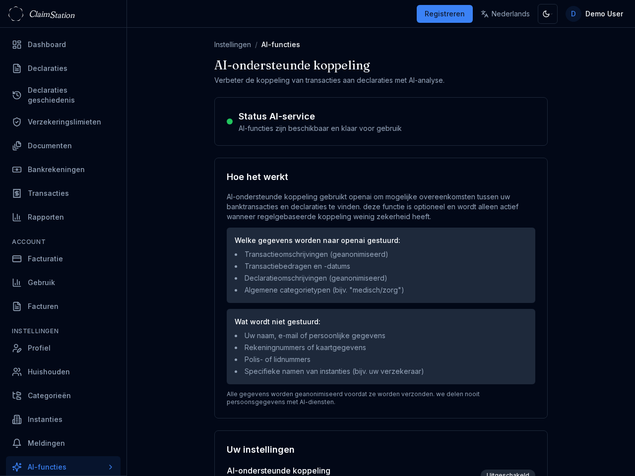 ClaimStation AI-functies instellingen